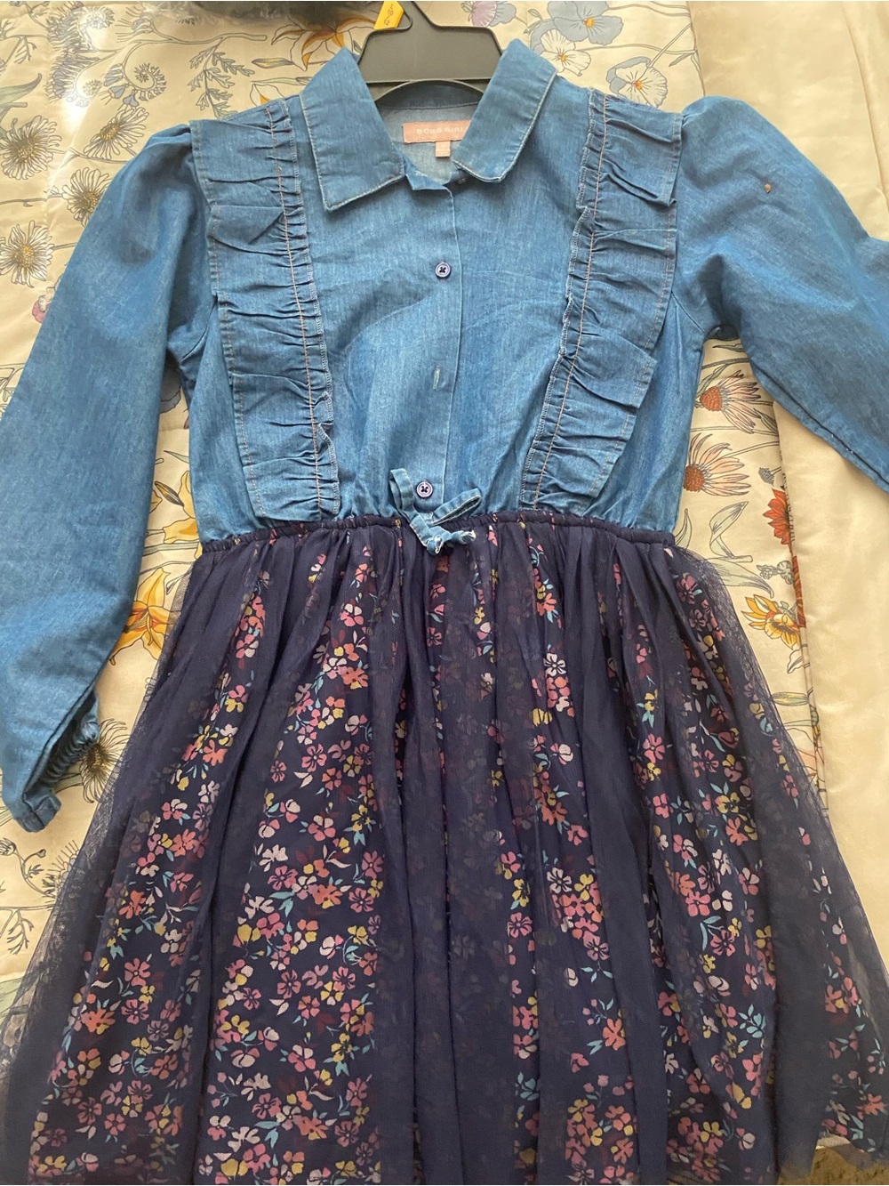 Girls Denim Bodice Navy Floral Tulle Skirt Dress